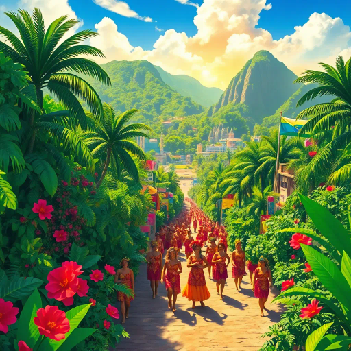 tropical paradise, vibrant rainforest, Rio Carnival, Brazilian culture, Jorge Selarón, Carmen Miranda, exuberant colors, lush vegetation, dynamic samba dancers, vivid patterns, Amazon River, exotic wildlife, modern architecture, indigenous art, celebratory mood, Afro-Brazilian heritage, vibrant street scenes, bold compositions, fluid movement, warmth and energy, sunlit landscapes, urban diversity, festive atmosphere, contemporary influences, chromatic brilliance