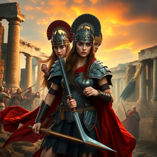 visigothic warrior, Roman girls, Sack of Rome 410CE, Alaric I, historical fantasy, dramatic lighting, ancient ruins, Roman architecture, tension, contrast, battle aftermath, intricate armor, flowing robes, realism, mythological echoes, dynamic poses, epic storytelling, classical influence, historical accuracy, vibrant colors, cultural clash, emotive expressions, strategic composition, dynamic movement, atmospheric depth, historical narrative, powerful symbolism, historical reimagining, vivid detail, artistic intent