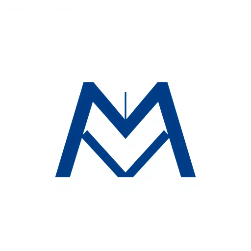 minimalist, bold, letter M, logo design, solid geometric shapes, V-shaped connectors, branching lines, hierarchy symbolism, indigo blue color palette, flat vector style, clean composition, modern SaaS branding, software aesthetics, white background, high-tech elegance, contemporary design, clarity, sleek presentation, geometric precision, corporate identity, monochromatic balance, visual hierarchy