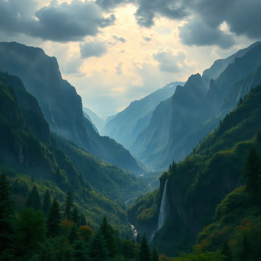 expansive landscapes, majestic mountains, serene forests, vibrant flora, lush valleys, cascading waterfalls, panoramic views, ethereal lighting, atmospheric perspective, rich textures, dramatic sky, natural beauty, serene tranquility, breathtaking vistas, intricate details, inspired by Caspar David Friedrich, impressionistic brushwork, harmonious colors, idyllic scenes, grand scale, immersive atmosphere, enchanting wilderness, romanticism, dreamlike serenity, mystical aura, captivating splendor, visual poetry