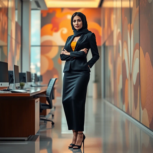 Arab woman, elegant hijab, professional setting, modern workplace, high heels, Middle Eastern culture, contemporary art, intricate patterns, vibrant colors, soft lighting, dynamic pose, cultural expression, delicate fabrics, office environment, confident demeanor, sophisticated fashion, grace and poise, diverse representation, cultural fusion, empowerment, modernism, Impressionism influences, human form, balance and harmony, Henri Matisse, modern elegance, intricate textile patterns, vibrant aesthetic, global influence, artistic expression, dignity and strength, atmospheric composition, elegant lines, harmonious palette, seamless integration, modern artistry