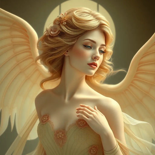 ethereal feminine figure, inspired by Alphonse Mucha, art nouveau elegance, flowing lines, gentle curves, pastel tones, soft lighting, delicate textures, serene expression, grace and poise, mythical allure, elegant composition, harmonious balance, captivating beauty, dreamlike ambiance, timeless elegance, detailed ornamentation, subtle symbolism, classical influences, refined artistry