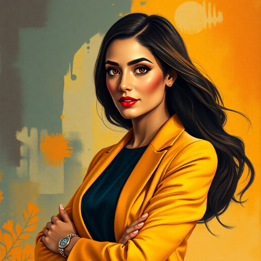 elegant Arab woman, modern professional, sleek office attire, vibrant colors, impressionist lighting, contemporary Middle Eastern art, refined elegance, warm tones, expressive gaze, dynamic composition, blend of traditional and modern motifs, subtle textures, intricate patterns, confident pose, cultural richness, narrative depth, nuanced expression, engaging perspective, Henri Matisse influence, abstract background, fluid lines, empowering presence, metaphorical symbolism, workplace harmony, graceful demeanor