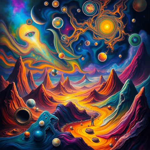 surrealism, vibrant colors, intricate details, Salvador Dali, modernism, ethereal landscapes, luminous lighting, dreamlike atmosphere, digital canvas, abstract forms, fluid motion, visual harmony, cosmic elements, imaginative composition, dynamic contrasts, fantastical creatures, layered textures, emotive expressions, transcendental vision, multi-dimensional spaces, futuristic interpretation, philosophical undertones, immersive experience