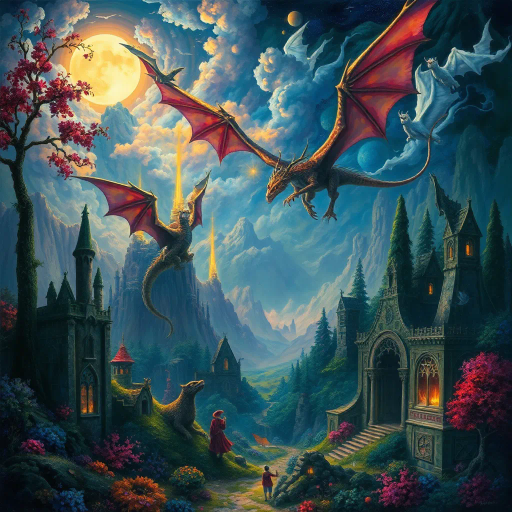 mythical creatures, enchanted forest, glowing ethereal light, intricate details, vibrant colors, magical realism, J.R.R. Tolkien influence, surreal landscapes, dreamlike atmosphere, whimsical elements, Baroque art influence, dynamic composition, ornate textures, mystical symbols, Arthurian legends, imaginative storytelling, celestial motifs, magical aura, otherworldly beauty, grand scale, immersive environment, enchanted castle, romanticism, allegorical themes, luminous glow, fine brushwork, visionary art