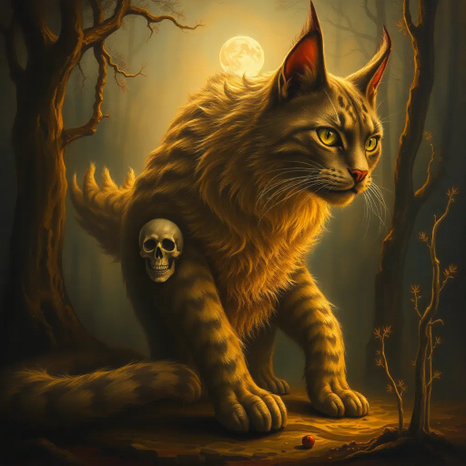majestic feline, mythical creature, oversized cat, painting by John Howe, intricate details, surreal lighting, Baroque influences, rich textures, golden hues, ethereal atmosphere, enchanted forest, twilight setting, soft brush strokes, dreamlike quality, mysterious mood, whimsical whimsy, fantastical elements, expansive canvas, chiaroscuro technique, vivid imagination