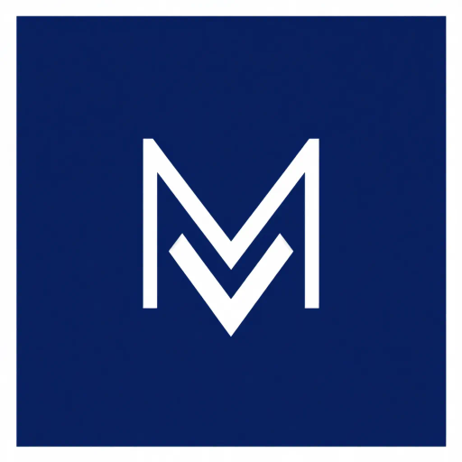 minimal M logo, perspective convergence, depth, hierarchy, solid indigo blue, geometric, modern tech design, flat vector, white background, Bauhaus influences, clean lines, symmetry, contemporary aesthetics, spatial innovation, futurism, precision, abstraction, innovative branding, structural elegance