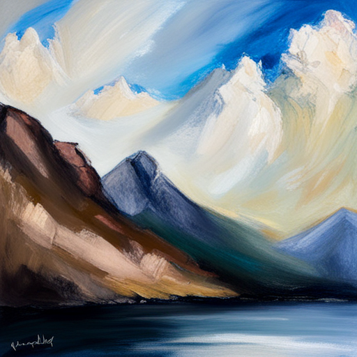 majestic peaks, rugged terrain, atmospheric perspective, muted colors, Impressionism, Hudson River School, light and shadow, texture, acrylic paint, naturalism, serenity, grandeur, scale, plein air, rocky outcroppings, dramatic sky, asymmetry, depth, soft brushstrokes, tranquility, digital painting, pixel art, atmospheric lighting