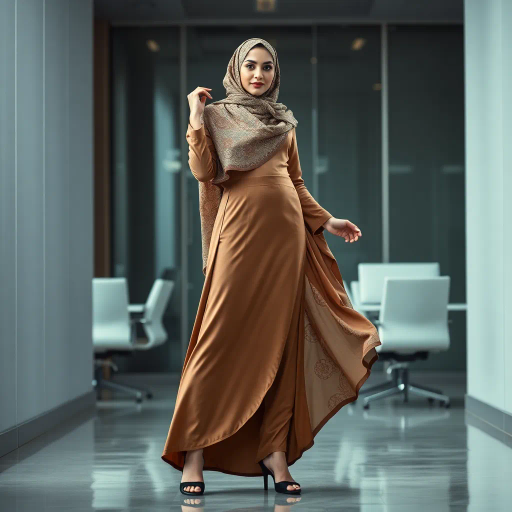 elegant Arab woman, professional attire, modern workplace, high heels, Middle Eastern influence, contemporary art style, intricate patterns, vibrant color palette, soft ambient lighting, cultural expression, dynamic posing, delicate textiles, confidence, empowerment, sophistication, grace, diverse cultural representation, cultural fusion, impressionism influences, human form depiction, balance and harmony, dynamic office environment, elegance, poise, detailed craftwork, modernism, cultural narrative, harmonious composition, vibrant textures
