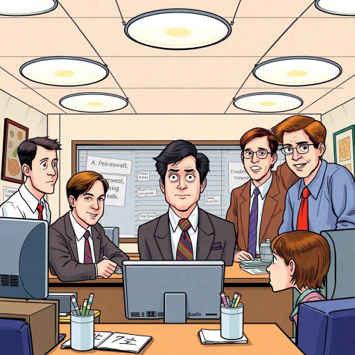 The Office, TV show, satirical humor, vibrant, Steve Carell, ensemble cast, mockumentary style, quirky, everyday life, work environment, subtle irony, character dynamics, Michael Scott, Dunder Mifflin, Scranton, Pennsylvania, documentary filming, 2000s television, comedic timing, deadpan expression, cultural phenomenon, paper company, witty banter, office antics, relatable humor, office supplies, Jim Halpert, Pam Beesly, Dwight Schrute, team dynamics, overhead fluorescent lighting, mundane yet charming, round camera angles, workplace relationships, panel layout, expressive line work, colorful palette, dynamic expressions, narrative flow, artistic exaggeration, slice of life, dry wit, character art, scene composition