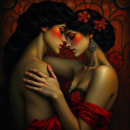 sultry, evocative, sensuality, Gustav Klimt, Art Nouveau, soft lighting, intimate composition, rich colors, flowing textures, mixed media, chiaroscuro, passion, emotive gaze, cultural elegance, refined scale, silk materials, delicate framing, organic shapes, fluid line quality, hidden symbolism, atmospheric space, romantic era, intricate detail, emotional depth, artistic allure, seductive presentation