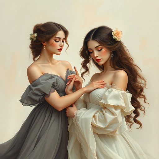 elegant femmes, graceful posture, intricate fashion, ethereal beauty, soft lighting, romantic era, impressionistic brushstrokes, pastel hues, delicate textures, feminine elegance, serene expressions, renaissance influences, flowing fabrics, atmospheric composition, refined aesthetics, timeless allure, enchanting aura, subtle movement, classical themes, Claude Monet, Edgar Degas, Raphael, chiaroscuro, delicate pastels, harmonious balance, historical richness, fine detail, luminous glow, cultural grace, narrative depth, portraiture, emotive grace, evocative ambiance