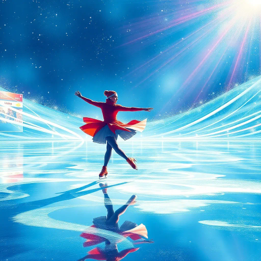 winter landscape, graceful skater, Olympic competition, dynamic motion, surreal elegance, glistening ice, dramatic lighting, vibrant colors, fluid movement, delicate balance, modern artistry, celebratory atmosphere, sportsmanship, international influence, precise technique, Alexander Calder inspiration, futuristic design, cold palette, geometric patterns, sweeping lines, epic scale, abstract realism, vivid textures, harmonious composition