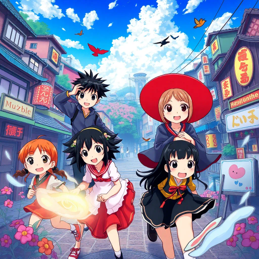 vibrant colors, dynamic composition, Studio Ghibli inspiration, detailed environments, expressive character designs, emotional depth, fantastical themes, cultural motifs, fluid motion, nostalgic atmosphere, distinctive line art, otherworldly settings, intricate detailing, magical realism, retro-futuristic elements, storytelling focus, character-driven narrative, visual storytelling, imaginative landscapes, enchanting creatures