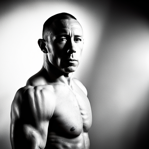 George St-Pierre, mixed martial arts, Octagon, Montreal, black and white, intense lighting, close-ups, slow motion, sweat and blood, perseverance, triumph