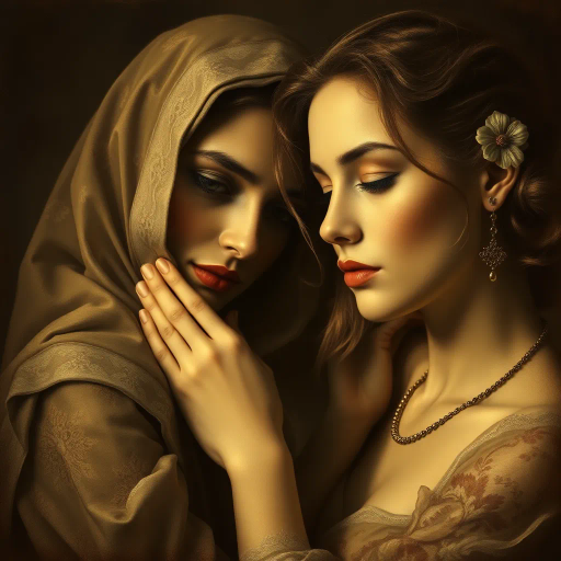 Renaissance, chiaroscuro, warm tones, oil painting texture, middle age, wisdom, contemplative atmosphere, Rembrandt influence, baroque, detailed features, soft brushstrokes, introspective mood, cultural depth, classical beauty, serene expression, timeless gaze, rich patina, flowing drapery, realistic depiction, layered composition, age-old elegance