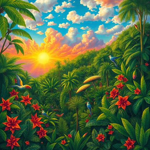 vivid rainforests, carnival atmosphere, vibrant colors, intricate details, lush foliage, rich cultural heritage, magical realism, Brazilian landscape, surreal clouds, tropical wildlife, Henri Rousseau influence, rhythmic movement, radiant sunlight, festive mood, intricate patterns, exotic birds, mythical elements, celebratory spirit, tropical flora, samba rhythm, enchanting scenery