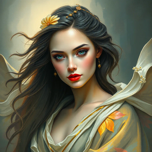 ethereal goddess, renaissance-inspired, chiaroscuro lighting, serene expression, surrealism, bold brushstrokes, celestial colors, flowing robes, delicate textures, vibrant jewel tones, intricate detailing, mystical aura, vaporwave influences, dreamlike atmosphere, novel perspective, modern reinterpretation, dynamic composition, timeless elegance, abstraction, metaphorical essence