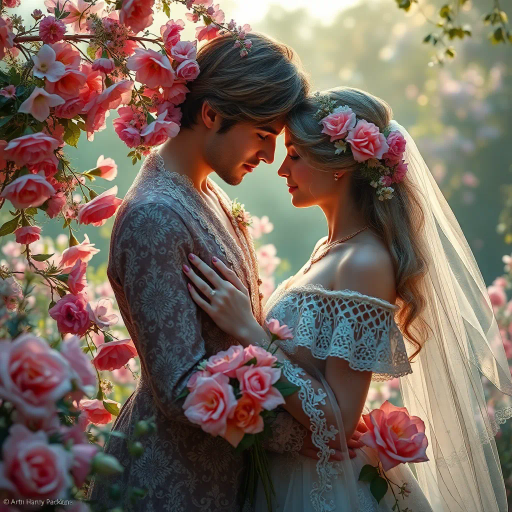 romantic atmosphere, ethereal lighting, delicate lace textures, vibrant floral arrangements, serene garden, enchanting aura, whimsical charm, intricate details, renaissance influences, emotional depth, surreal landscape, fairytale setting, pastel tones, harmonious composition, gentle movement, tender expressions, dreamlike ambience, idyllic scene, Arthur Rackham style, ornate decorations, graceful elegance, timeless love, opulent design, soft focus, enchanted forest, mythical undertones, refined beauty