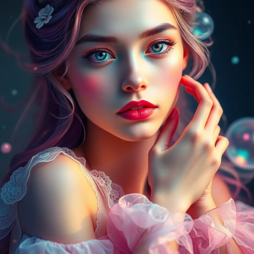 ethereal beauty, youthful elegance, vibrant colors, surreal lighting, whimsical composition, intricate patterns, delicate textures, modern romanticism, luminous glow, dreamlike atmosphere, expressive brushwork, dynamic poses, avant-garde symbolism, contemporary influences, Renaissance flair, gentle pastels, soft focus, harmonious balance, enchanting allure