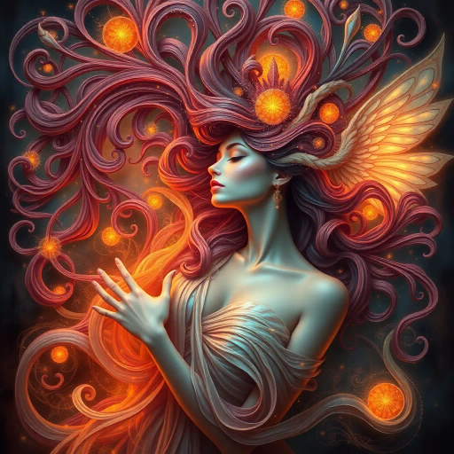 surreal, ethereal, dreamscape, vibrant colors, atmospheric lighting, whimsical elements, harmonious composition, flowing forms, mythological figures, fantasy realms, romanticism, emotional depth, imaginative scenes, art nouveau influences, Gustav Klimt, emotional resonance, narrative storytelling, organic textures, soft focus, sensual undertones, expressive brushwork