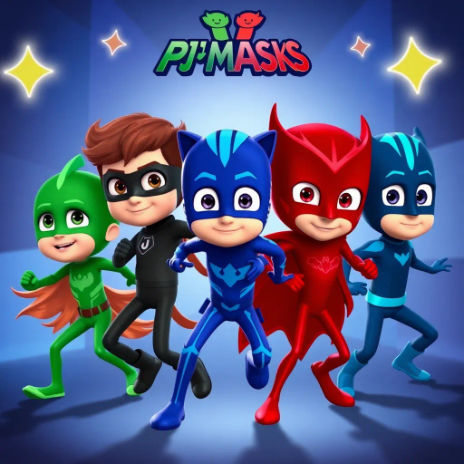PJ Masks, animated heroes, children's television adventure, vibrant animated series, 3D animation, comic book influences, dynamic posing, exaggerated expressions, teamwork and mystery, youthful superheroes, vibrant color palette, energetic and action-packed, stylized animation, nighttime adventures, mystery-solving, cartoon vibrancy, exaggerated cartoon styles, adventurous and spirited, dynamic composition, anime influences, superhero genre, dramatic lighting, engaging storytelling, visually captivating