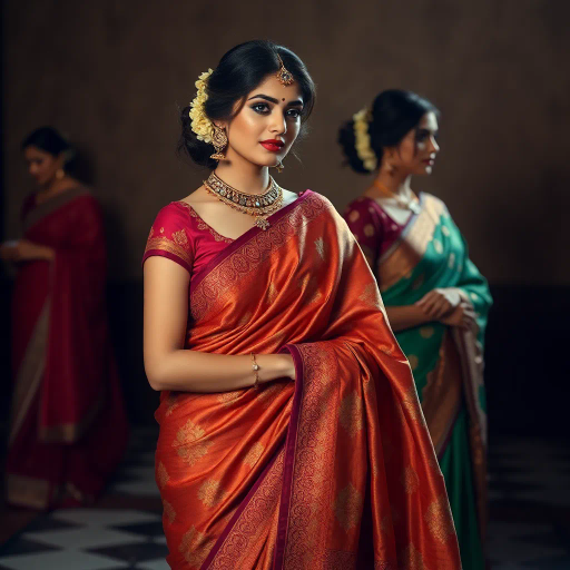 elegant women, traditional attire, saree, refined beauty, luxurious fabrics, intricate patterns, vibrant colors, Indian culture, classic elegance, sophisticated mood, graceful movement, artistic photography, soft lighting, cultural richness, detailed embroidery, timeless fashion, portrait composition, artistic realism, romantic ambiance, feminine grace, Ritu Kumar influence, intricate textures, regal presence, contemporary elegance, traditional influences