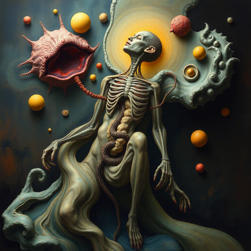 surreal anatomy, Salvador Dali influence, dream-like, soft lighting, whimsical, abstract forms, organic shapes, flowing lines, symbolism of life, contrasting colors, dynamic composition, imaginative exploration, emotional tone, fantastical elements, ethereal textures, modern interpretation, creative expression, surrealist techniques, bold contrasts, vibrant palette