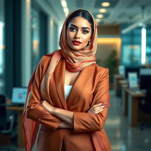 elegant Arab woman, professional attire, modern workplace, high heels, Middle Eastern influence, contemporary art style, intricate patterns, vibrant color palette, soft ambient lighting, cultural expression, dynamic posing, delicate textiles, confidence, empowerment, sophistication, grace, diverse cultural representation, cultural fusion, impressionism influences, human form depiction, balance and harmony, dynamic office environment, elegance, poise, detailed craftwork, modernism, cultural narrative, harmonious composition, vibrant textures