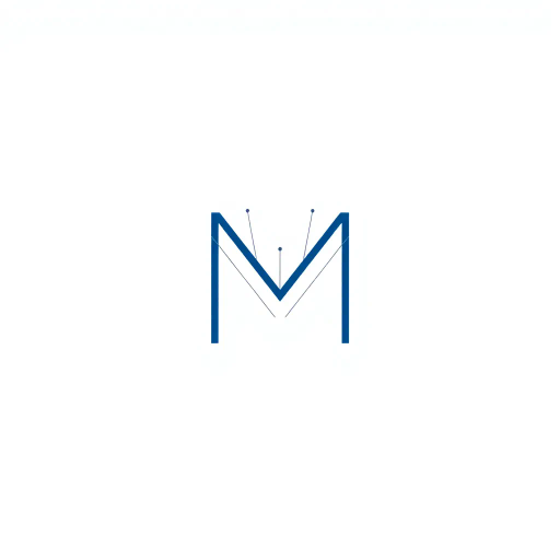 abstract letter M logo, parent node, child nodes, thin branching lines, tree hierarchy, indigo gradient, minimal vector design, white background, geometric abstraction, modernist influence, Bauhaus, clean lines, connection symbolism, hierarchical structure, conceptual design, negative space, visual balance, contemporary aesthetics