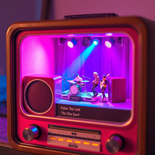 vintage radio, miniature concert scene, performing band, stage performance, vibrant illumination, pink, blue, purple lighting, retro-futurism, surreal composition, mid-century design, nostalgic vibe, neon glow, dynamic movement, artistic expression, framed scene, intricate details, cultural resonance, lively atmosphere, textured materials, symbolic presentation, whimsical imagination, immersive experience, hybrid technology, juxtaposition, nostalgic era, animated storytelling, visual spectacle, ambient energy, intricate stage design, 1980s nostalgia, electric blue, deep purple spotlights, energetic atmosphere, mesmerizing luminescence, classic band setup, dynamic composition, surreal framing, whimsical charm, artistic symbolism, immersive perspective, bold contrasts, imaginative storytelling, music-inspired narrative, visionary presentation, lively energy, visual harmony, cultural nostalgia