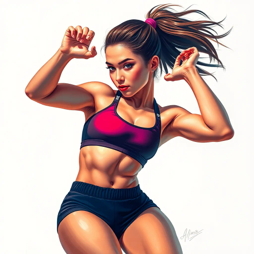 portraiture, dynamic movement, youthful energy, vibrant colors, interplay of light and shadow, contemporary realism, high contrast, soft lighting, dynamic composition, athleticism, vitality, modern aesthetics, symmetry, body positivity, confident expression, sportswear fashion, sleek and smooth textures, intimate perspective, bold outlines, detailed anatomy, fitness culture, empowerment, vibrant hues, modernist influences, fluid motion, naturalistic tones, energetic vibe, stylized realism, balanced proportions