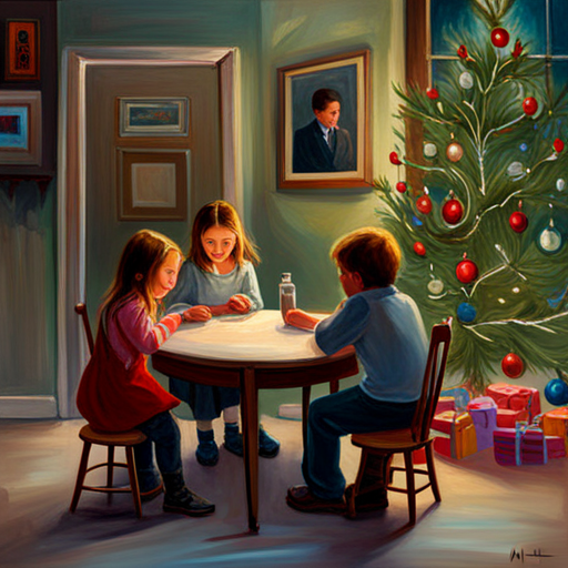 children, table, christmas tree, Laura Muntz Lyall, fine art, painting, cgsociety, american impressionism, impressionism, oil on canvas, detailed painting