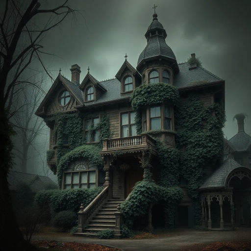 abandoned Victorian mansion, overgrown ivy, intricate woodwork, dark and moody, gothic architecture, muted earth tones, dramatic lighting, misty atmosphere, surrealism, decay, Tim Burton influence, cobweb textures, hidden mysteries, eerie stillness, romantic ruin, shadows and highlights, Victorian era, antique furniture, faded opulence, storytelling, melancholic nostalgia, high detail, soft brushstrokes, atmospheric depth, dilapidated elegance, mystery and allure, historical aura, vintage charm