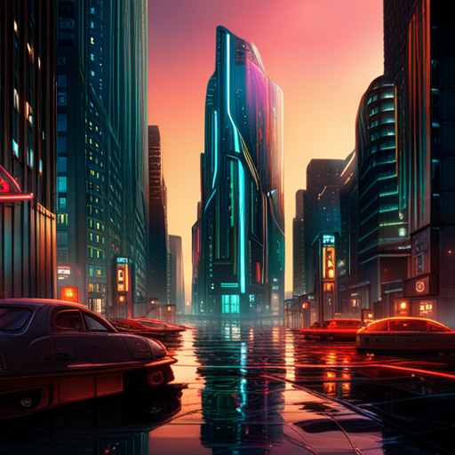 futuristic, sci-fi, city, nature, cyberpunk, technology, dystopian, neon lights, urban sprawl, artificial intelligence, advanced civilization, overgrown vegetation, environmental contrast, high-rise buildings, polluted skies, fluorescent colors, futuristic architecture, metallic structures, glowing signs, skyscrapers, industrial landscape, vibrant atmosphere, digital age, post-apocalyptic, cityscape, surreal nature integration, hi-tech society, hybrid ecosystem, chaotic harmony, modernity clash, alternative reality, cybernetic organisms, neon-infused wilderness