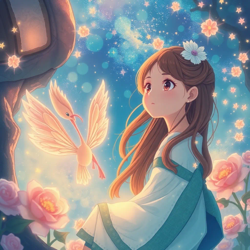 ethereal fantasy, dreamlike wonder, vibrant atmosphere, expressive characters, impactful storytelling, delicate features, Studio Ghibli influence, Hayao Miyazaki, whimsical narrative, colorful palettes, graceful movement, emotional depth, youthful innocence, dynamic compositions, soft lighting, imaginative worlds, cultural references, enchanting magic, detailed illustrations, captivating expressions, anime aesthetics, enchanting tales, delicate linework, artistic elegance