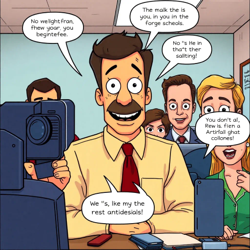 satirical humor, everyday life, workplace dynamics, vibrant colors, exaggerated expressions, quirky characters, Michael Scott, camera angles, documentary style, playful tone, American culture, ensemble cast, office environment, comedic timing, mockumentary feel, panel layout, speech bubbles, visual storytelling, relatable scenarios, improvisational flair, modern setting, emotional undertones, character development, symbolic objects