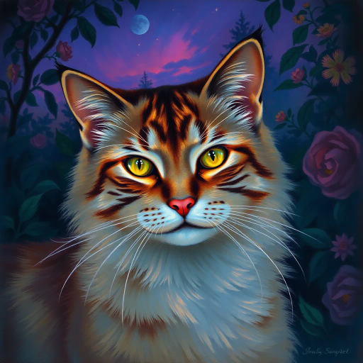 serene feline, John Singer Sargent, surrealism, twilight, chiaroscuro, vibrant colors, texture of fur, detailed whiskers, mystical aura, expressive eyes, magical ambiance, lush garden, ornate patterns, ethereal glow, dreamlike quality, impressionist touch, gentle movement, poetic essence, emotional depth, intricate composition, whimsical spirit