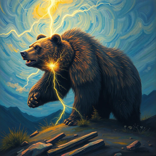 majestic bear, struck by lightning, dynamic energy, vibrant electric blues and purples, ethereal glow, dramatic sky, Surrealism, Salvador Dalí influence, mystical forest setting, chiaroscuro lighting contrasts, fluid motion, heroic and powerful, nature's fury, awe and wonder, intricate fur texture, dramatic scale, mythical ambiance, symbolic transformation, timeless wilderness, emotional intensity, elemental forces, narrative depth, allegorical representation