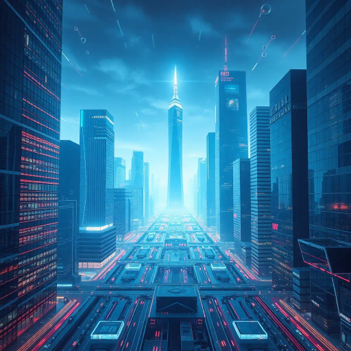 corporate landscape, futuristic cityscape, sleek architecture, modernism, digital rendering, ethereal lighting, glossy surfaces, vibrant neon hues, urban environment, skyscrapers, technological sophistication, dynamic composition, sharp lines, high contrast, bustling atmosphere, global influence, modern business world, expansive city views, reflections, sky-high perspectives, innovation and progress symbolism