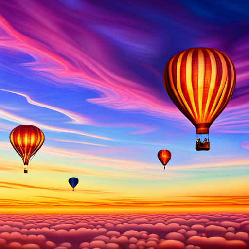 vibrant colors, large scale, dreamlike landscape, whimsical hot air balloon, surreal atmosphere, fantasy elements, imaginative composition, ethereal lighting, fantastical perspective, magical realism, floating sensation, colorful palette, otherworldly adventure