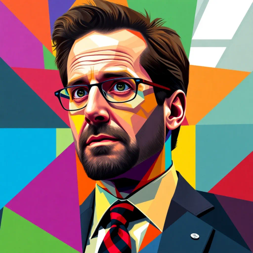 Michael Scott, The Office, sitcom character, geometric abstraction, vibrant colors, bold shapes, abstract expressionism, modernist influences, cubist elements, triangular patterns, corporate setting, humor infusion, abstract portrait, workplace dynamics, witty undertones, cultural icon, vibrant palette, layered composition, angular perspective, playful expression, converging lines, comedic symbolism, contemporary art, tonal contrasts, dynamic symmetry, office environment reimagined