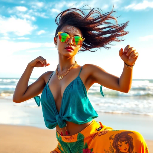 graceful, ethereal, sunlit, renaissance, Botticelli-inspired, vibrant colors, flowing fabric, soft contours, abstract realism, oceanic background, azure hues, delicate brushstrokes, dynamic composition, sun-kissed, serene expression, liberating movement, artistic nudity, impressionistic textures, harmonious balance, timeless beauty, emotive palette, chiaroscuro lighting, cultural diversity, immersive perspective, transcendent elegance, radiant illumination, ethereal glow, harmonious rhythm, soft transitions, sublime light, cultural tapestry, visual poetry, serene harmony, dreamlike atmosphere, radiant illumination, dynamic composition, emotive palette