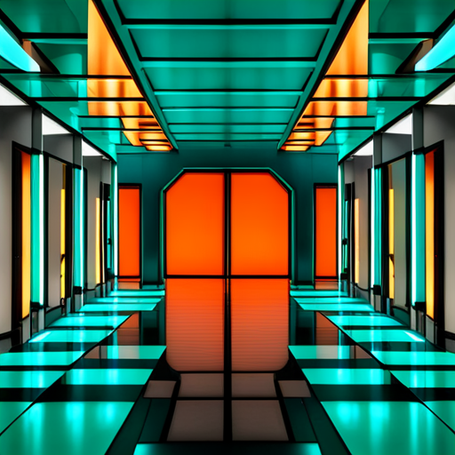 retro-futurism, Wes Anderson, cybernetics, neon lights, geometric shapes, orange and teal color palette, symmetry, mid-century modern, computer hall, dystopian, technology, futurism, vintage, analog, sci-fi, pop art, retro aesthetics