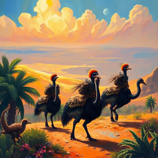 oasis landscape, cassowary riders, surreal journey, Jean Giraud influence, Henri Rousseau influence, impressionist brushstrokes, vivid color palette, dramatic lighting, expansive desert horizon, prehistoric warriors, clad in animal pelts, dinosaur-like creatures, imaginative mythological narrative, dynamic movement, whimsical atmosphere, tropical vegetation, dramatic shadows, symbolic fauna, mystical aura, primal energy, cinematic framing, adventurous spirits, exotic wildlife, ancient mythology, intricate textures, cultural fusion, panoramic view, expressive brushstrokes, imaginative realism, dreamlike scenario, ethereal landscape, exploratory perspective, fantastical adventure, rich detail, storytelling composition, cultural symbolism, whimsical creatures, imaginative world-building