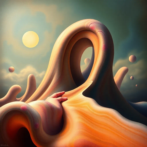 surrealism, Salvador Dali, soft undulating forms, exaggerated proportions, vibrant hues, ethereal glow, dreamlike atmosphere, smooth textures, abstract interpretation, flowing curves, sensuality, bold lines, surreal composition, imaginative realism, juxtaposition, playful fantasy, dynamic symmetry, baroque elegance, soft focus, surrealist intent, whimsical flair, inspired by René Magritte, emotional depth, enchanting allure