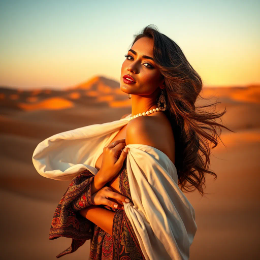 alluring Arab beauty, elegant poise, high heels, Henri Matisse and Yves Saint Laurent inspirations, modern elegance, desert oasis and professional setting, golden hour and chiaroscuro lighting, vibrant warm tones, luxurious textures, intricate and traditional Middle Eastern patterns, exotic allure, cultural richness, flowing lines, sensual movement, feminine power, refined and timeless grace, harmonious romantic ambiance, visual poetry, captivating and seductive composition, ethereal mood, desert mirage, artistic flair, expressive body language, sophisticated minimalism, textural contrast, dynamic perspective, poised demeanor, artistic serenity, contemporary realism, nuanced textures, stylish composition