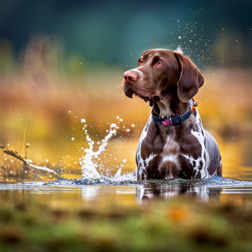 German shorthair pointer, hunting dogs, animal portrait, monochrome, high contrast, dark background, intense gaze, rugged texture, black and white photography, natural lighting, hunting instinct, powerful stance, majestic posture, pedigree breeds, outdoor photography, dog training photographic