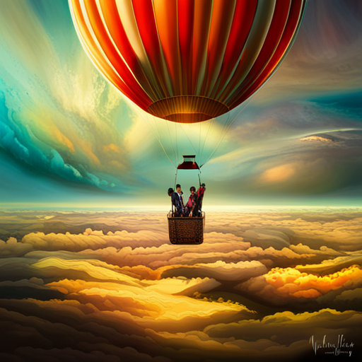 vibrant colors, large scale, dreamlike landscape, whimsical hot air balloon, surreal atmosphere, fantasy elements, imaginative composition, ethereal lighting, fantastical perspective, magical realism, floating sensation, colorful palette, otherworldly adventure