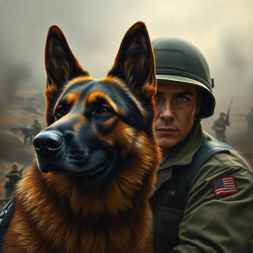 German shepherd, soldier in uniform, battlefield scenery, dynamic action, realistic textures, dramatic lighting, hyper-realistic fur detail, contrast, tension, Alex Ross, cinematic framing, bold composition, emotional intensity, movement, war-torn landscape, contemporary realism, powerful symbolism, strength, courage, protective stance, close-up perspective, muted color palette, storytelling elements, visual narrative, dramatic shadows, expressive detail, action-packed scene, resilience, heroism, gritty realism, captivating portrayal, intricate detailing, juxtaposition, military theme